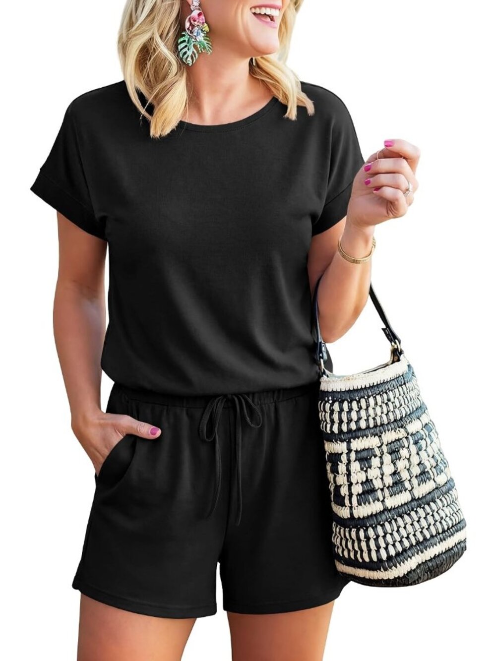 Women's Black Romper Summer Short Sleeve T Shirt  Jumpsuit Short Pants Casual